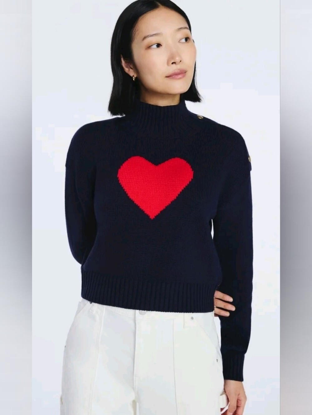 NWT Free Assembly Womens Navy Mock Neck Sweater Red Heart Graphic Button Small